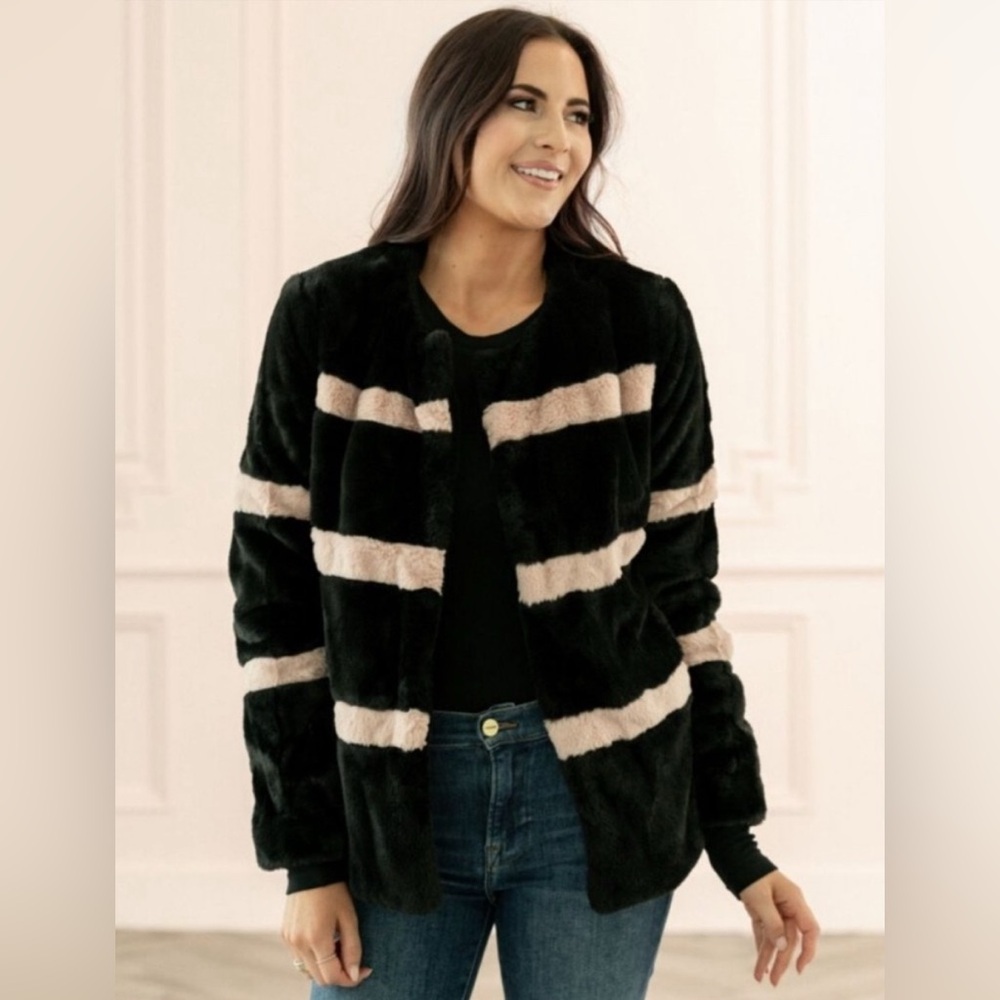 RACHEL PARCELL Black and Pink Striped Faux Fur Jacket - XXS - Picture 1 of 11